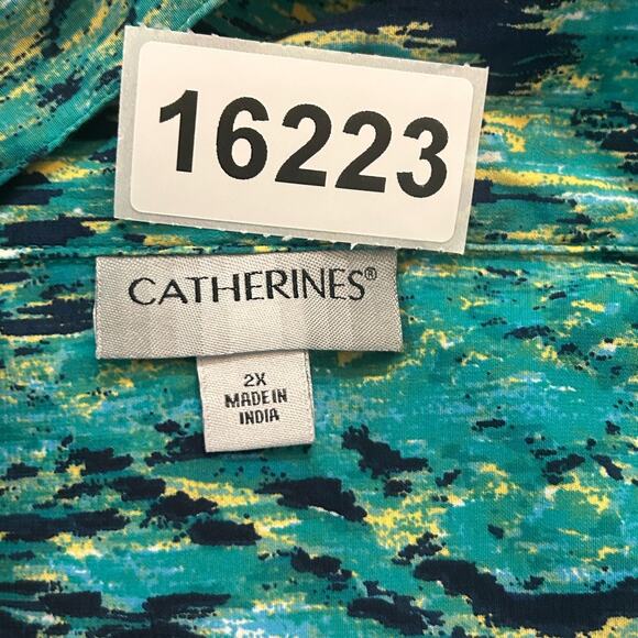 Catherines Top Womens 2X Green Blue Button Up Stretch Short Sleeve V-Neck Blouse - Picture 9 of 9